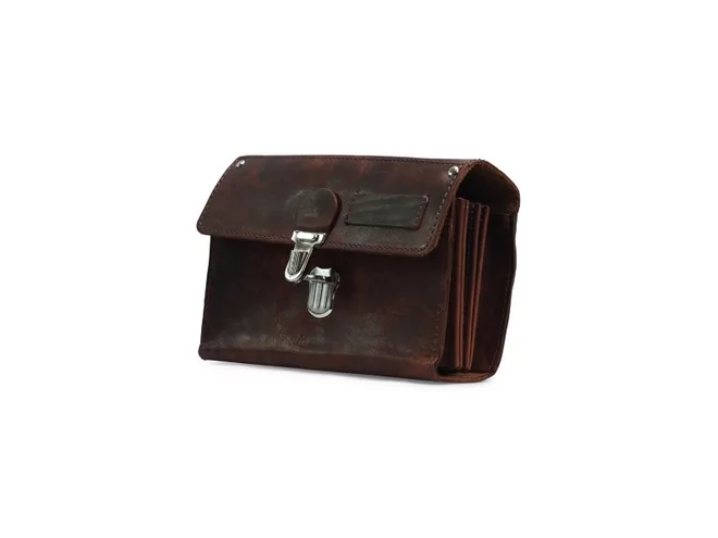 Portefeuille vintage bruin leder 6 vakken + riem/drukslot